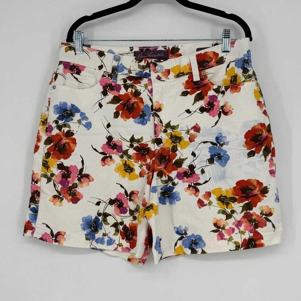 Gloria Vanderbilt Amanda Floral Shorts Women 14 White‎ Summer NWT Flaw